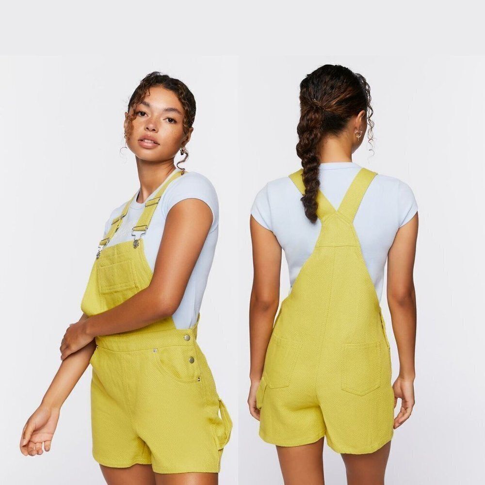 Forever 21 Women's Denim Overall Shorts 100% Cotton Beach Lime Yellow Medium